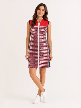 KINONA Women's L Zip‎ Front Geometric Print Italian Fabric Sleeveless Golf Dress
